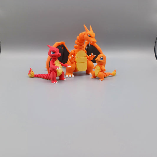 Flexible Charmander, Charmeleon, and Charizard Evolution Set of Articulating Figurines, Pokemon Characters, Unique Gift for Pokemon Fans